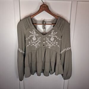 XS Sage Green Boho Cottagecore Flowy Feminine Whimsical Romantic Blouse V-Neck